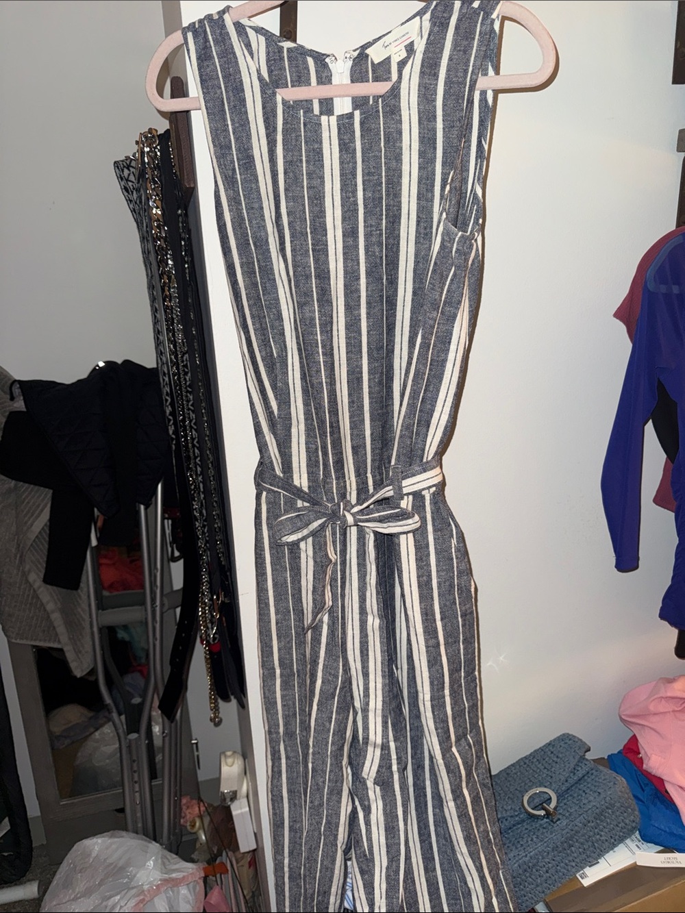Two by Vince Camuto Navy and White Striped Sleeveless Tie-Waist Jumpsuit